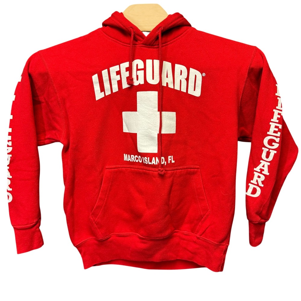 Lifeguard Hoodie Marco Island Florida Red Pullover Sweatshirt Mens Medium